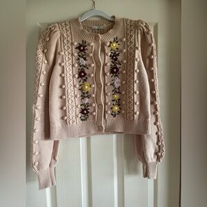 NWOT Alice + Olivia Kitty Blush Floral Embroidered  Puff Sleeve Cardigan